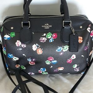 Coach navy tea rose print leather satchel handbag
